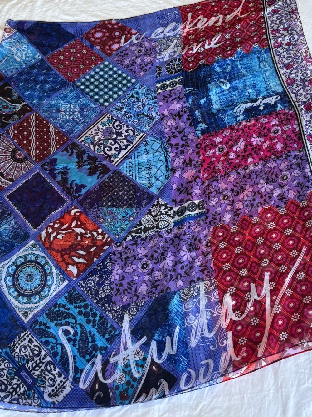 Desigual Patchwork Scarf Boho Floral colourful Pattern Blue Red Purple
